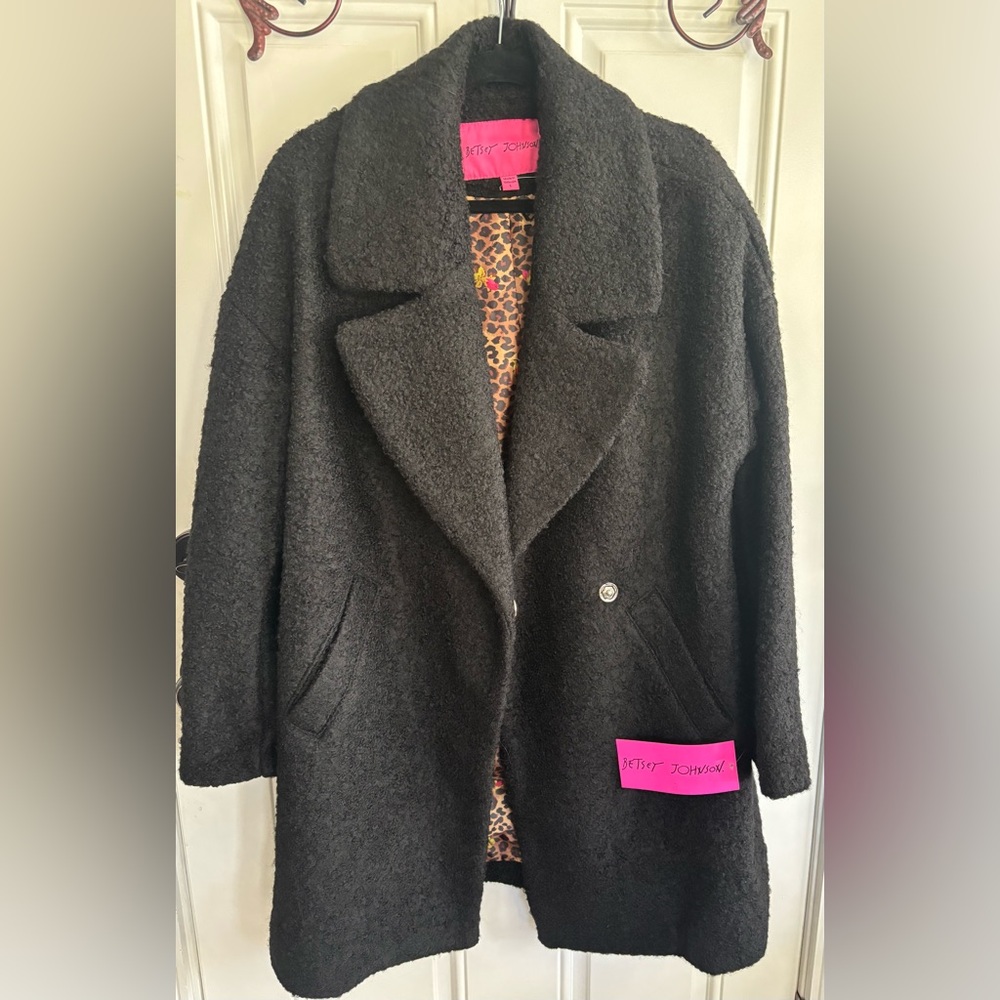 Betsey Johnson Black Teddy Bouclé Coat with Leopard Lining- New with tags